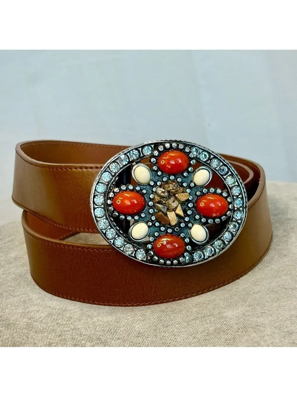 Olsen Europe camel brown orange stone crystal rhinestone buckle leather belt 8